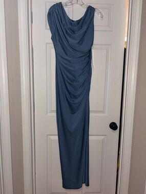 Draped Slate Blue Maxi Dress with Cowl Neck